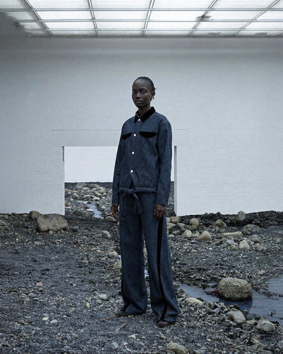 Leather-Trimmed Raw Denim Pants - image 1