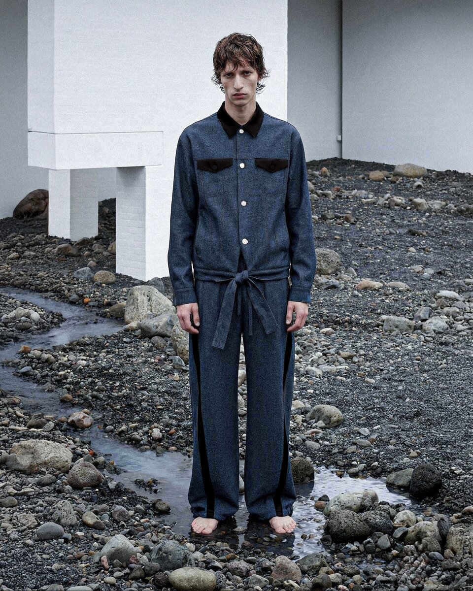 Leather-Trimmed Raw Denim Jacket