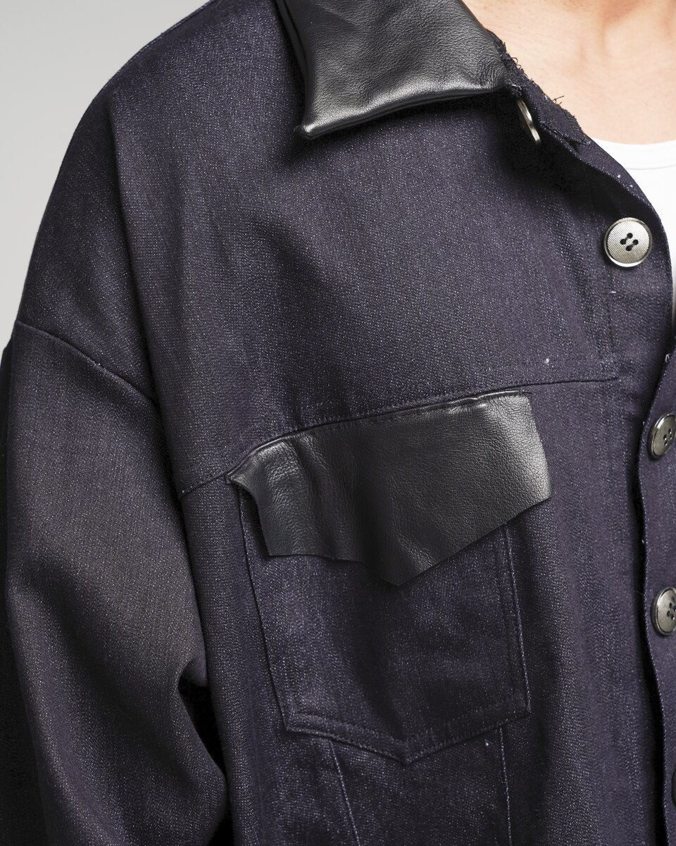 Leather-Trimmed Raw Denim Jacket - image 5