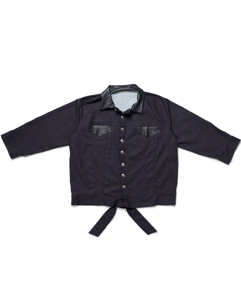 Leather-Trimmed Raw Denim Jacket - image 9