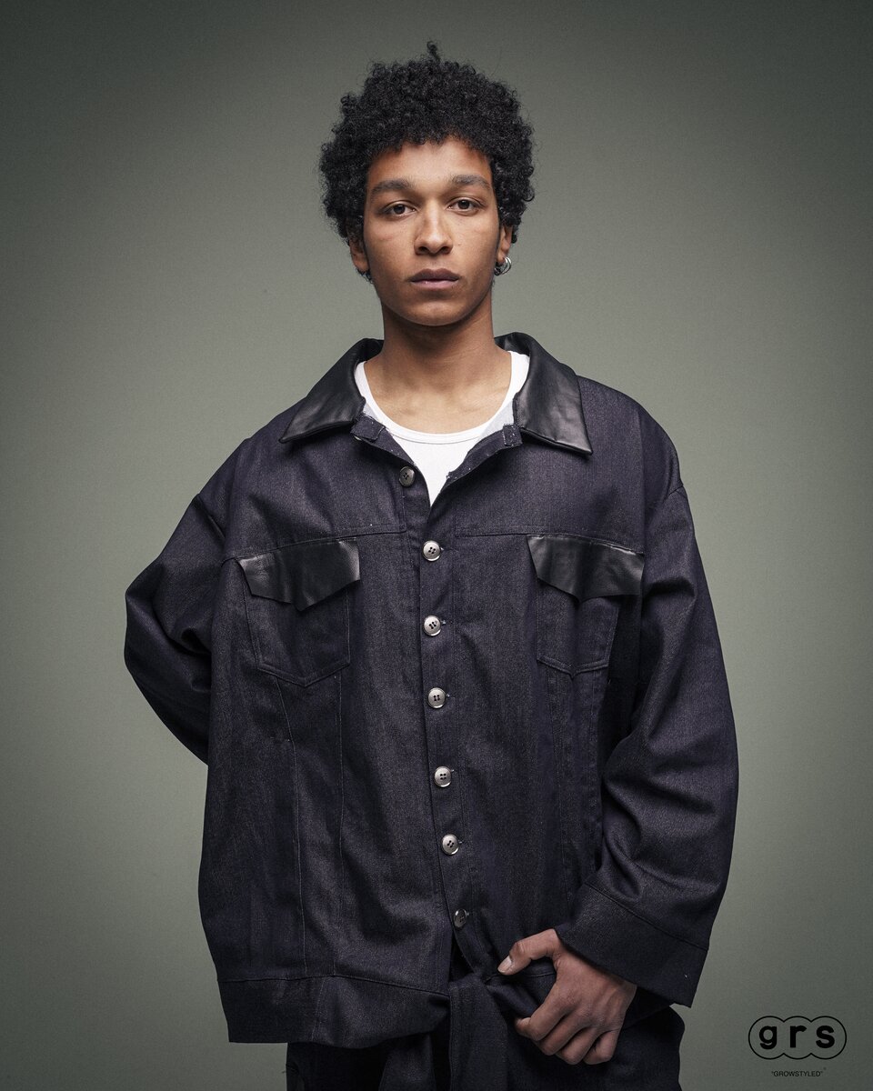 Leather-Trimmed Raw Denim Jacket hover